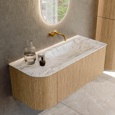 MONDIAZ KURVE-DLUX 115cm Meuble salle de bain avec module 25 G - couleur Oak - 1 tiroir - 1 porte - vasque BIG SMALL droite - sans trou de robinet - couleur Glace