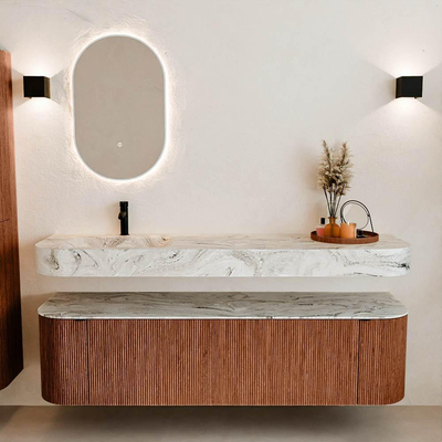 MONDIAZ THOR-DLUX Meuble de salle de bains 170cm arrondi gauche + droite couleur Ruby avec 1 tiroir et 2 portes. Vasque suspendue CLOUD Gauche 1 trou de robinet couleur Glace.