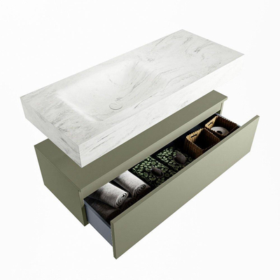 Mondiaz ALAN-DLUX Ensemble de meuble - 110cm - meuble Army mat - 1 tiroir - Lavabo Cloud Opalo suspendu - vasque Gauche - 1 trou de robinet