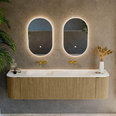 Mondiaz KURVE-DLUX Badkamermeubelset - 180x46x40cm - 2 lade - 2 deuren - wastafel solid surface - dubbel - zonder kraangat - Dusk