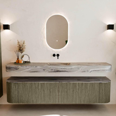 MONDIAZ THOR-DLUX 200cm meuble de salle de bains arrondi gauche + droite couleur Shadow avec 2 tiroirs et 2 portes. Vasque suspendue CLOUD Milieu sans trou de robinet couleur Sombra.