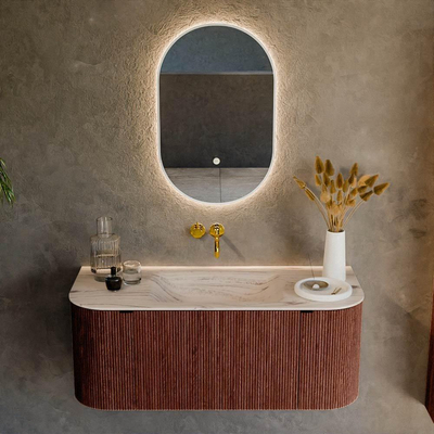 MONDIAZ KURVE-DLUX 110cm badmeubel ronding Links + Rechts kleur Ruby met 1 lade en 2 deuren. Wastafel CLOUD Midden zonder kraangat Nata.