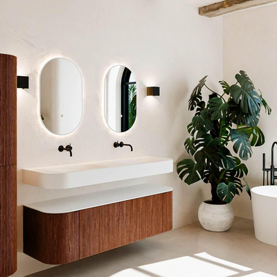 MONDIAZ THOR 150cm meuble de salle de bains arrondi gauche + droite couleur Ruby avec 1 tiroir et 2 portes. Vasque suspendue CLOUD Double sans trou de robinet couleur Talc.