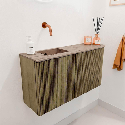 Mondiaz JOYA-DLUX 81.6cm toiletmeubel - ronding rechts kleur Dusk - Wastafel FAYE positie Links Zonder kraangat kleur Arena.