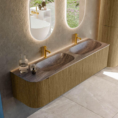 MONDIAZ KURVE-DLUX Meuble de salle de bains 165cm arrondi à gauche couleur Dusk avec 2 tiroirs et 1 porte. Lavabo STOR SMALL Double / Droite 2 trous de robinet Oza.