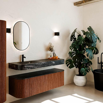 MONDIAZ THOR-DLUX 150cm meuble de salle de bains arrondi gauche + droite couleur Ruby avec 1 tiroir et 2 portes. Vasque suspendue CLOUD gauche 1 trou de robinet couleur Lava.