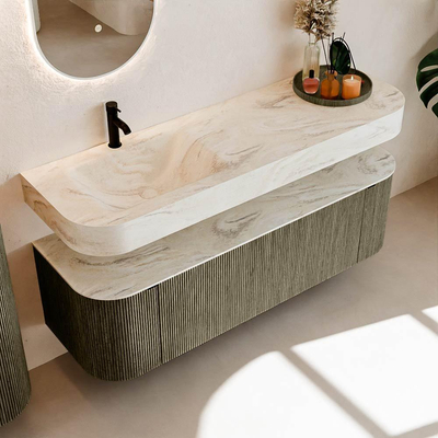 MONDIAZ THOR-DLUX 150cm meuble de salle de bains arrondi gauche + droite couleur Shadow avec 1 tiroir et 2 portes. Vasque suspendue CLOUD Gauche 1 trou de robinet couleur Ostra.