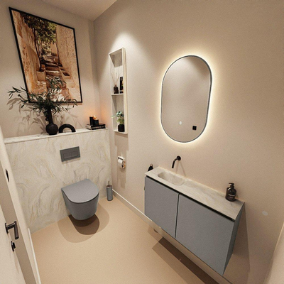 MONDIAZ TURE-DLUX Meuble toilette - 80cm - Smoke - EDEN - vasque Ostra - position gauche - sans trou de robinet