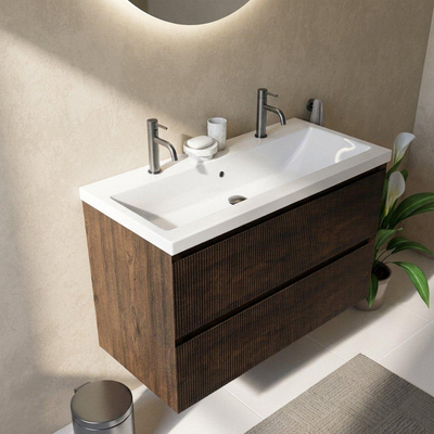 Saniclass Holz Atelier Ensemble meuble de salle de bains - 100x45x63.5cm - Lavabo en céramique Bari blanc - 1 vasque - 2 trous de robinetterie - 2 tiroirs - chêne charcoal mat (bois)