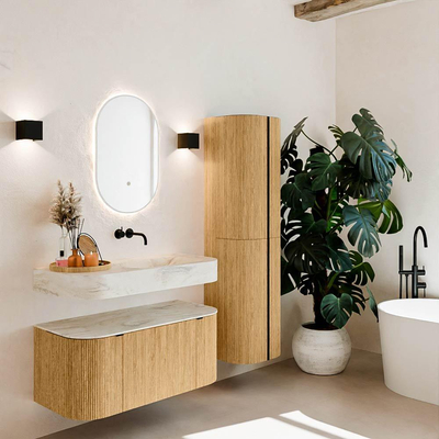 MONDIAZ THOR-DLUX Meuble de salle de bains 100cm arrondi gauche + droite couleur Chêne avec 1 tiroir et 2 portes. Vasque suspendue CLOUD Droite sans trou de robinet couleur Ostra.