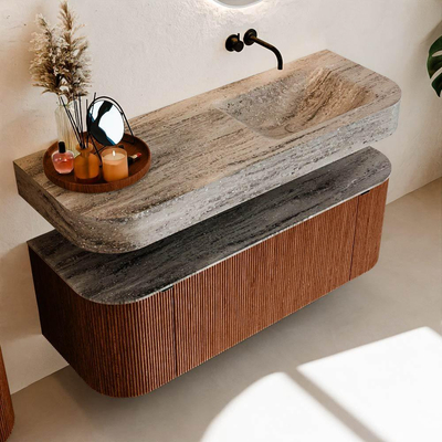 MONDIAZ THOR-DLUX 130cm meuble de salle de bains arrondi gauche + droite couleur Ruby avec 1 tiroir et 2 portes. Vasque suspendue CLOUD droite sans trou de robinet couleur Oza.