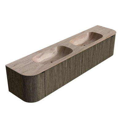 MONDIAZ KURVE-DLUX Meuble de salle de bains 200cm arrondi gauche + droite couleur Shadow avec 2 tiroirs et 2 portes. Lavabo STOR SMALL Double sans trou de robinet Saba.