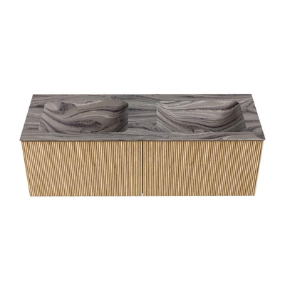 MONDIAZ KURVE-DLUX Meuble de salle de bains 130cm couleur Chêne avec 2 tiroirs et 0 portes. Lavabo LEAF Double 2 trous de robinet Sombra.