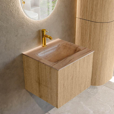 MONDIAZ KURVE-DLUX 50cm badmeubel kleur Oak met 1 lade en 0 deuren. Wastafel GRUNNE Midden 1 kraangat Saba.