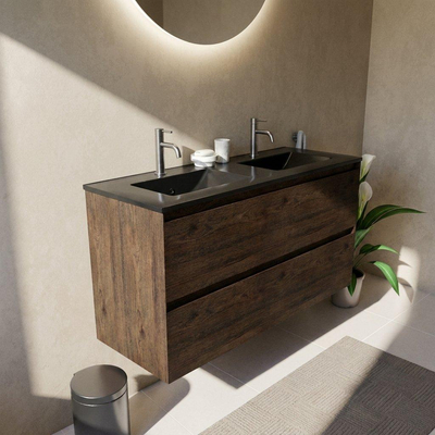 Saniclass Holz Pure Ensemble de meubles de salle de bains - 120x45x62cm - lavabo Vygo en céramique noir - 2 vasques - 2 trous de robinet - 4 tiroirs - chêne charcoal mat (bois)