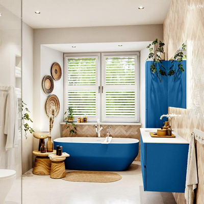 Mondiaz VICA ensemble de meuble de salle de bain - 140cm - meuble sous-vasque jeans - 4 tiroirs - lavabo moon gauche - 1 trou de robinet - couleur talc - miroir LED - version XL 60cm haut