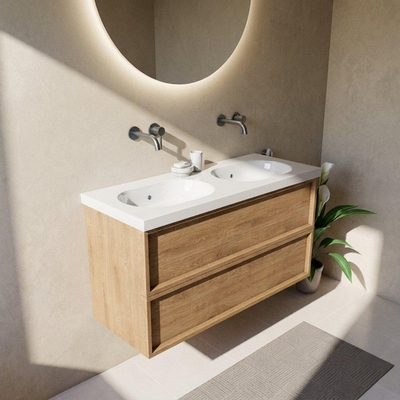 Saniclass Holz Frame Ensemble meuble de salle de bains - 120x45x63.5cm - lavabo Palermo en céramique blanc - 2 vasques - sans trous de robinet - 2 tiroirs - chêne natural mat (bois)