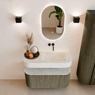 MONDIAZ THOR-DLUX 100cm meuble de salle de bains arrondi gauche + droite couleur Shadow avec 1 tiroir et 2 portes. Vasque suspendue CLOUD droite sans trou de robinet couleur Opalo.