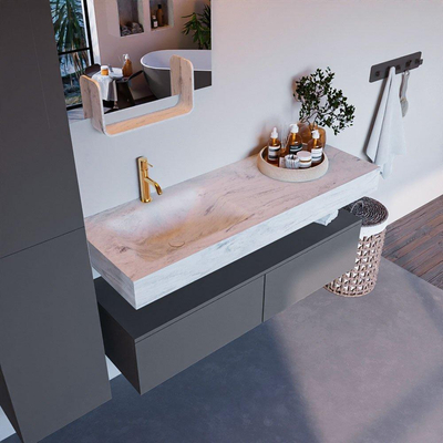 Mondiaz ALAN-DLUX Ensemble de meuble - 130cm - meuble Plata mat - 2 tiroirs - Lavabo Cloud Opalo suspendu - vasque Gauche - 1 trou de robinet