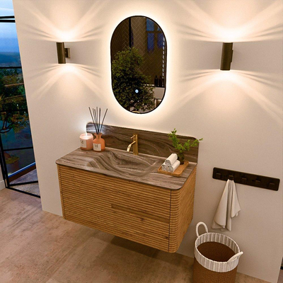 Mondiaz CIRO-DLUX Badkamermeubelset - 100x45x50cm - Solid surface wastafel Sombra - 1 wasbak Midden - 1 kraangat - 2 lades - Oak