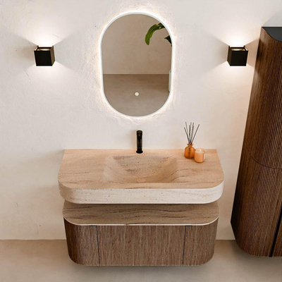 MONDIAZ THOR-DLUX 110cm meuble de salle de bains arrondi gauche + droite couleur Walnut avec 1 tiroir et 2 portes. Vasque suspendue CLOUD Milieu 1 trou de robinet couleur Saba.