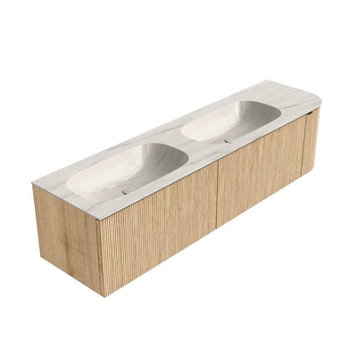 MONDIAZ KURVE-DLUX meuble de salle de bains 175cm arrondi droit couleur chêne avec 2 tiroirs et 1 porte. Lavabo STOR SMALL Double / Gauche sans trou de robinet Meli.