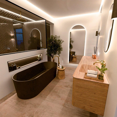 Mondiaz CIRO-DLUX Ensemble de meubles de salle de bains - 180x45x50cm - plan vasque Solid surface Saba - 1 vasque à droite - sans trous de robinetterie - 4 tiroirs - Chêne