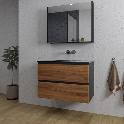 Adema Industrial 2.0 ensemble de meubles de salle de bain 80x45x55cm 1 vasque en céramique noire sans trou de robinetterie armoire de toilette noire bois/noir