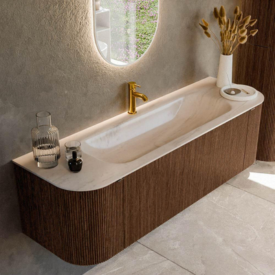 MONDIAZ KURVE-DLUX 150cm badmeubel ronding Links + Rechts kleur Walnut met 1 lade en 2 deuren. Wastafel BIG MEDIUM Midden 1 kraangat Meli.