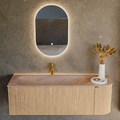 MONDIAZ KURVE-DLUX Meuble de salle de bains 135cm arrondi à droite couleur chêne avec 1 tiroir et 1 porte. Lavabo BIG MEDIUM à gauche 1 trou de robinet Saba.