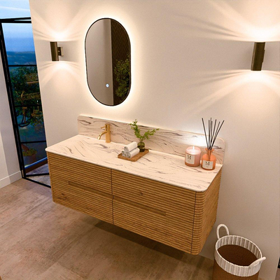 Mondiaz CIRO-DLUX Badkamermeubelset - 140x45x50cm - Solid surface wastafel Nata - 1 wasbak Links - 1 kraangat - 4 lades - Oak