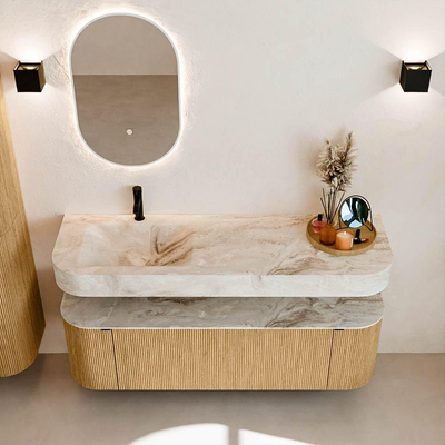 MONDIAZ THOR-DLUX 150cm badmeubel ronding links + rechts kleur Oak met 1 lade en 2 deuren. Vrijhangende wastafel CLOUD Links 1 kraangat kleur Frappe.