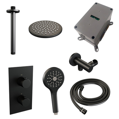 Brauer Black Edition Ensemble de douche pluie encastré - douche principale 20cm - bras plafond 20cm - 2 fonctions - incluant partie encastrable - douchette ronde 3 positions - noir mat