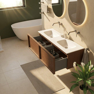 Saniclass Holz Frame Ensemble de meubles de salle de bains - 140x45x41.5cm - Flow lavabo en solid surface blanc - 2 vasques - sans trous de robinetterie - 2 tiroirs - noyer pure mat (bois)