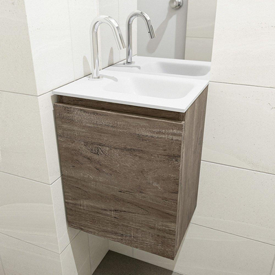 Mondiaz OLAN Meuble lave-mains 40x30x40cm 1 trou de robinet 1 tiroir Dark brown mat avec lavabo LEX Droite Solid Surface Blanc