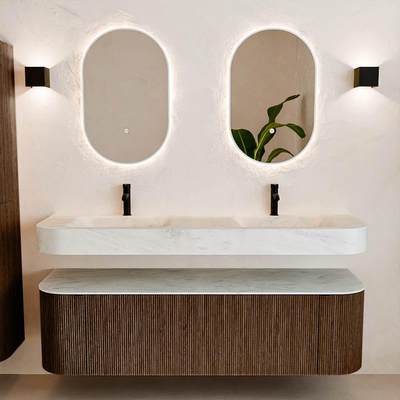 MONDIAZ THOR-DLUX 160cm meuble de salle de bains arrondi gauche + droite couleur Walnut avec 1 tiroir et 2 portes. Vasque suspendue CLOUD Double 2 trous de robinet couleur Opalo.