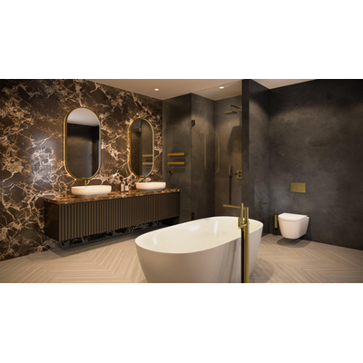 Hotbath &MORE Spiegel Oval - 60x120cm - direct en indirect LED - spiegelverwarming - dimbaar - met afstandsbediening - PVD - geborsteld messing goud