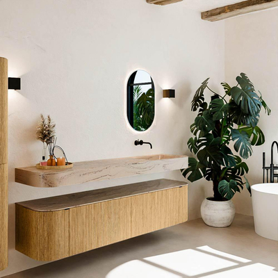 MONDIAZ THOR-DLUX 190cm meuble de salle de bains arrondi gauche + droite couleur Oak avec 2 tiroirs et 2 portes. Vasque suspendue CLOUD Droite sans trou de robinet couleur Arena.