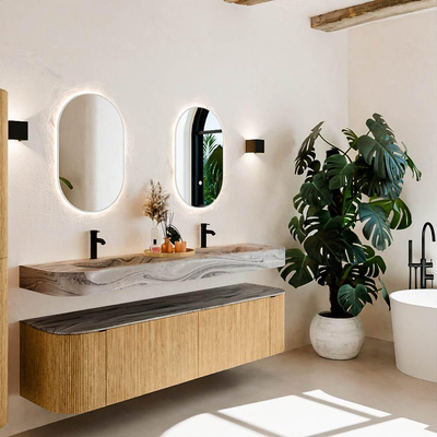 MONDIAZ THOR-DLUX 180cm meuble de salle de bains arrondi gauche + droite couleur Oak avec 2 tiroirs et 2 portes. Vasque suspendue CLOUD Double 2 trous de robinet couleur Sombra.