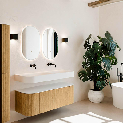 MONDIAZ THOR 130cm meuble de salle de bains arrondi gauche + droite couleur Oak avec 1 tiroir et 2 portes. Vasque suspendue CLOUD Double sans trou de robinet couleur Talc.