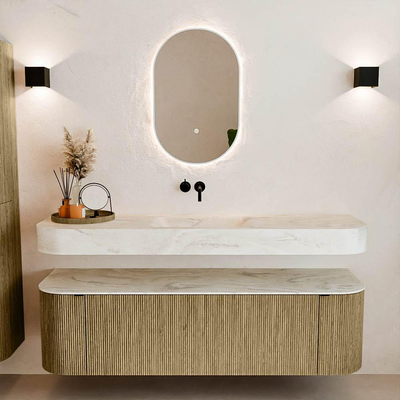 MONDIAZ THOR-DLUX 160cm meuble de salle de bains arrondi gauche + droite couleur Dusk avec 1 tiroir et 2 portes. Vasque suspendue CLOUD Centre sans trou de robinet couleur Ostra.