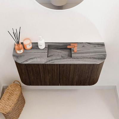 Mondiaz JOYA-DLUX 83.2cm toiletmeubel - ronding links en rechts kleur Walnut - Wastafel FAYE positie Midden 1 kraangat kleur Sombra.