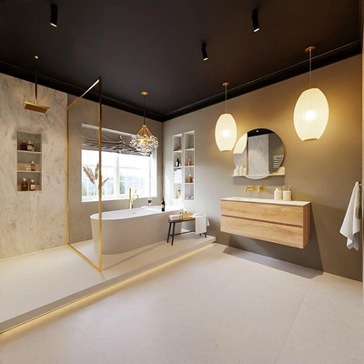 MONDIAZ VICA-DLUX Ensemble meuble de salle de bains - 110cm - meuble bas chêne blanchi - 2 tiroirs - vasque encastrée cloud gauche - sans trous de robinet - version haute 60cm - opalo