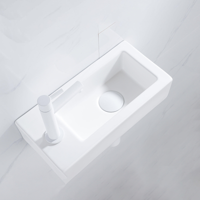 QeramiQ Fuente pack lave-mains – 37,5 x 18,5 x 9 cm – céramique blanc mat – perçage à gauche – robinet blanc mat