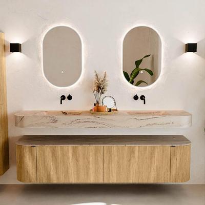 MONDIAZ THOR-DLUX 190cm meuble de salle de bains arrondi gauche + droite couleur Oak avec 2 tiroirs et 2 portes. Vasque suspendue CLOUD Double sans trou de robinet couleur Arena.