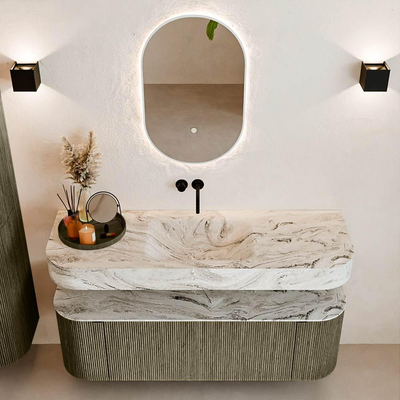 MONDIAZ THOR-DLUX Meuble de salle de bains 140cm arrondi gauche + droite couleur Shadow avec 1 tiroir et 2 portes. Vasque suspendue CLOUD Milieu sans trou de robinet couleur Glace.