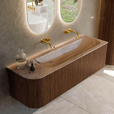 MONDIAZ KURVE-DLUX 145cm badmeubel ronding Links kleur Walnut met 1 lade en 1 deur. Wastafel BIG LARGE Rechts zonder kraangat Arena.