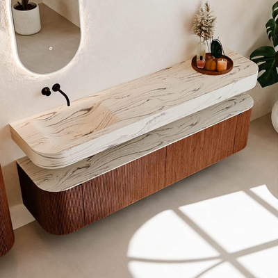 MONDIAZ THOR-DLUX Meuble de salle de bains - 190cm - arrondi gauche + droite - couleur Ruby - 2 tiroirs et 2 portes - Vasque suspendue CLOUD Gauche sans trou de robinet - couleur Nata