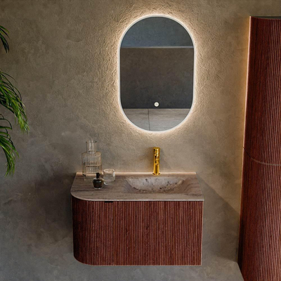 MONDIAZ KURVE-DLUX Meuble de salle de bains 75cm arrondi à gauche couleur Ruby avec 1 tiroir et 1 porte. Lavabo GRUNNE à droite 1 trou de robinet Oza.