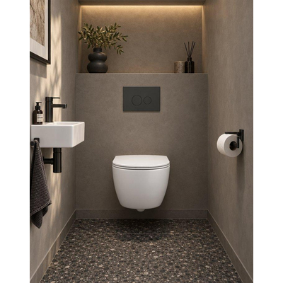 QeramiQ Dely Swirl Compact Toiletset - inbouwreservoir QeramiQ flush - slim zitting - kunststof bedieningsplaat mat antraciet - ronde knoppen - glans wit